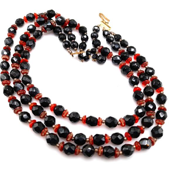 Vintage Western Germany Black Red Bead Necklace, 1950s, 15 Inch - Picture 3 of 13